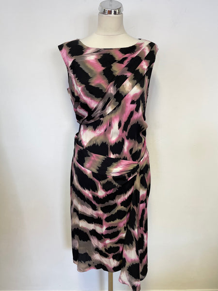 DIANE VON FURSTENBERG PINK,BLACK, BEIGE & IVORY PRINT SILK DRAPED PENCIL DRESS SIZE 12