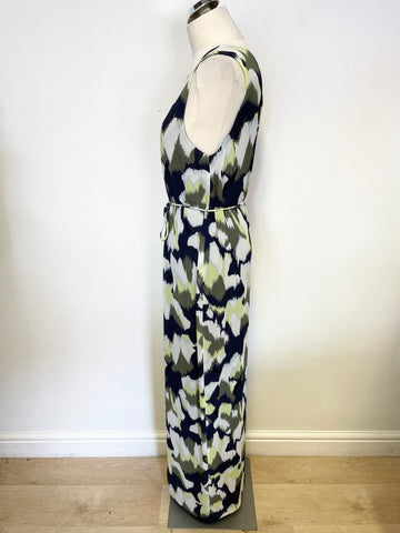 WHISTLES NAVY,GREEN & WHITE PRINT SLEEVELESS TIE WAIST MAXI DRESS SIZE 12