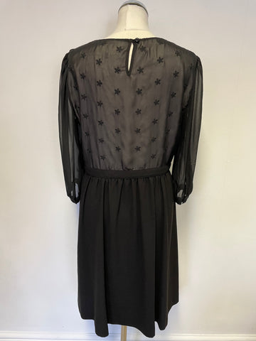 JAEGER BOUTIQUE BLACK BROIDERY ANGLAISE & EMBROIDERED BODICE 3/4 SLEEVE DRESS SIZE 14