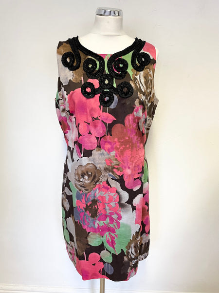 MONSOON MULTI COLOURED FLORAL PRINT EMBELLISHED SHEATH DRESS SIZE 16