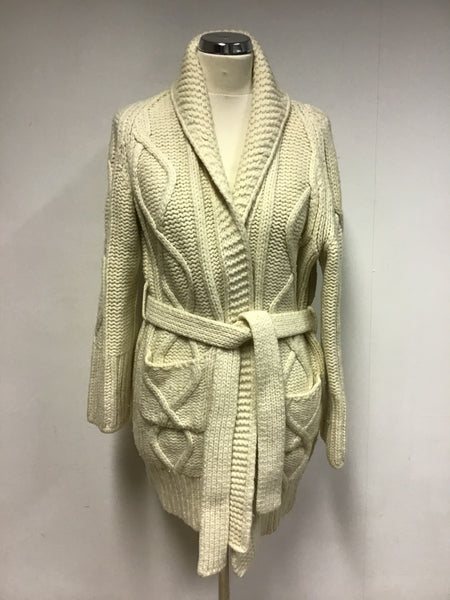 BURBERRY CREAM CABLE KNIT WOOL TIE WAIST CARDIGAN SIZE L