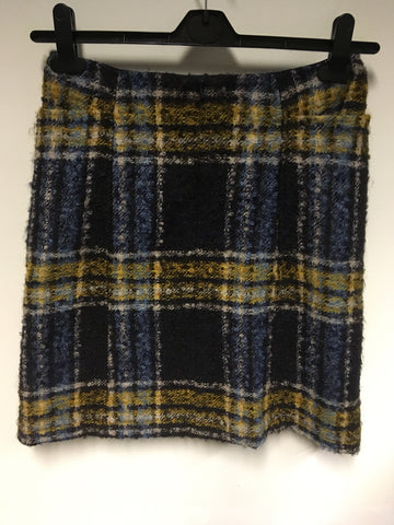 HOBBS DARK BROWN,MUSTARD & BLUE CHECK WOOL & MOHAIR BLEND SKIRT SIZE 8