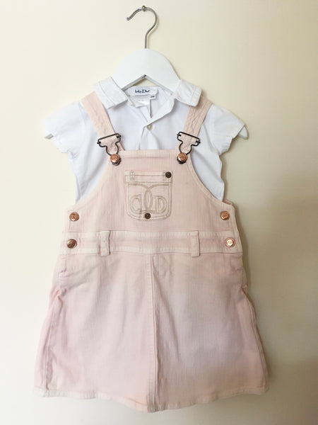 CHRISTIAN DIOR BABY WHITE SHORT SLEEVE SHIRT & PINK DUNGAREE DRESS AGE 3 MONTHS