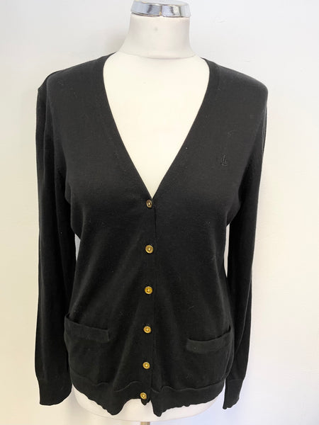 RALPH LAUREN BLACK COTTON V NECK CARDIGAN SIZE L