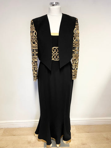 HELEN SYKES BLACK & GOLD BRAID TRIMMED LONG EVENING DRESS & MATCHING BOLERO JACKET SIZE 16