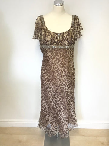 GINA BACCONI BROWN LEOPARD PRINT EMBELLISHED SILK SPECIAL OCCASION DRESS SIZE 14