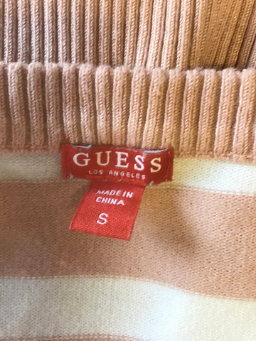GUESS PINK & IVORY STRIPE DIAMANTÉ & GOLD LOGO TRIM LONG SLEEVE JUMPER SIZE S