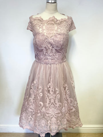 CHI CHI LONDON PINK LACE BOAT NECKLINE FIT & FLARE DRESS SIZE 14