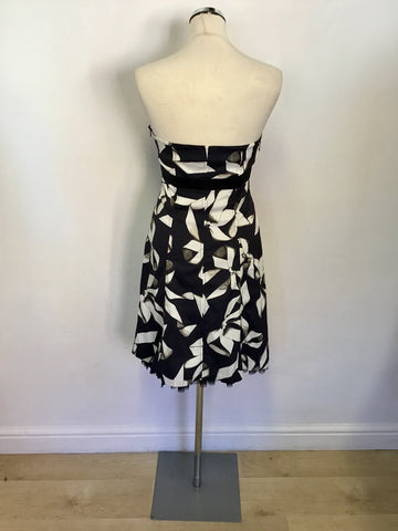 KAREN MILLEN BLACK,IVORY & GREY BOW PRINT STRAPLESS OCCASION DRESS SIZE 12