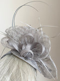 TAILOR MADE LIGHT GREY FLOWER,FEATHER & STICK TRIM FASCINATOR ON SATIN HEADBAND