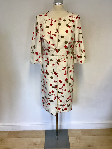 FENN WRIGHT MANSON IVORY WITH RED & GREY CHERRY PRINT DRESS & COAT SUIT SIZE 12