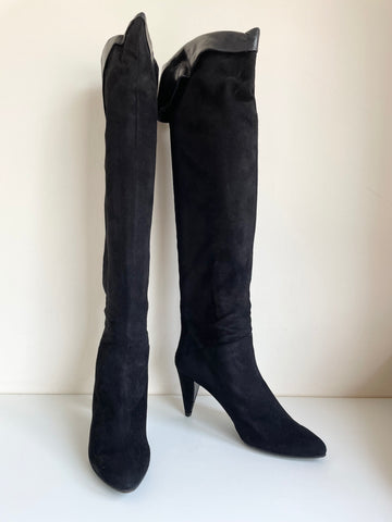 CHARLES JOURDAN BLACK SUEDE & LEATHER TRIM KNEE LENGTH HEEL BOOTS SIZE 5/37