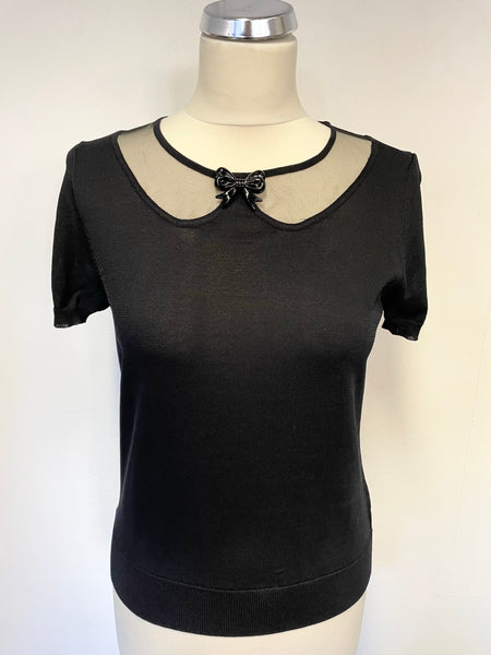 JESIRE BLACK MESH TOP WITH BOW TRIM SHORT SLEEVE FINE KNIT TOP SIZE S
