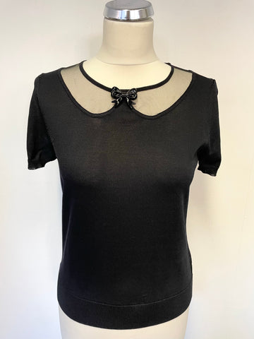JESIRE BLACK MESH TOP WITH BOW TRIM SHORT SLEEVE FINE KNIT TOP SIZE S