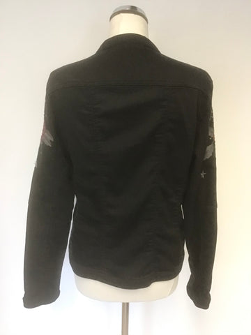 MONARI BLACK ROSE EMBROIDERED  & STUD TRIM COTTON JACKET SIZE 16