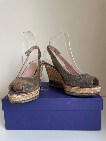 STUART WEITZMAN JENNY BRONZE SPARKLE PEEPTOE PLATFORM  SLINGBACK WEDGE HEELS SIZE 6/39