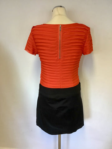 KAREN MILLEN ORANGE PLEATED TOP WITH BLACK SKIRT DRESS SIZE 10
