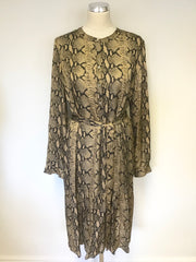 OUI BLACK & GOLD SNAKESKIN PRINT LONG SLEEVE TIE BELT DRESS SIZE 14