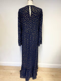 MICHAEL KORS NAVY & GOLD PRINT LATTICE GEORGETTE MAXI DRESS SIZE L