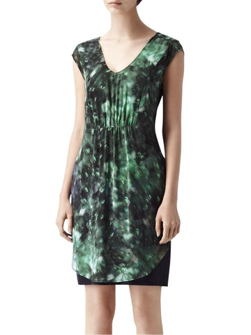 REISS BLACK & GREEN PRINT SILK FRONT OVERLAY SLEEVELESS PENCIL DRESS SIZE 14