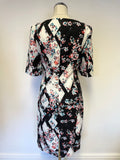 LK BENNETT CRYSTAL BLACK & MULTI COLOURED FLORAL PRINT PENCIL DRESS SIZE 12