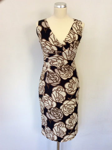 PHASE EIGHT BROWN,BLACK & IVORY FLORAL PRINT PENCIL DRESS SIZE 8