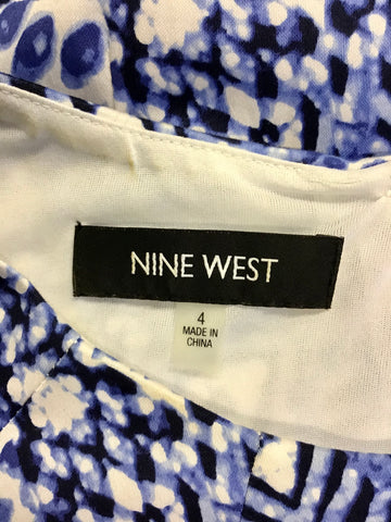 NINE WEST BLUE & WHITE PRINT COTTON A LINE DRESS SIZE 4 UK 10