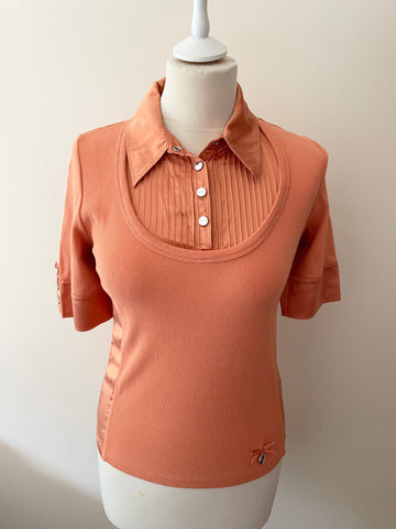 KAREN MILLEN APRICOT COLLARED SILK TRIM SHORT SLEEVE TOP SIZE 10