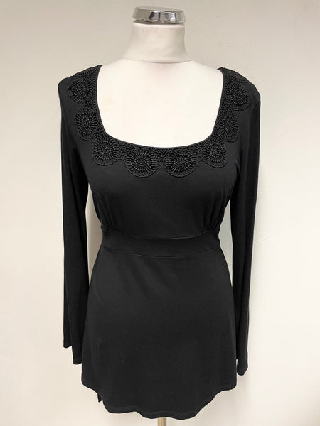 LK BENNETT BLACK EMBROIDERED TRIM TIE REAR LONG SLEEVE TOP SIZE S