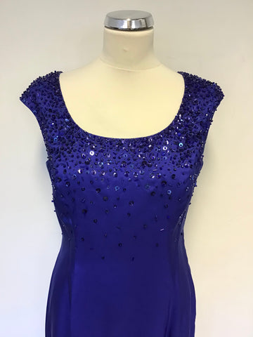 LK BENNETT ROYAL BLUE SILK BEADED & SEQUINNED TRIM PENCIL DRESS SIZE 10