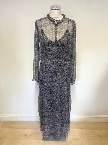 NEO NOIR SILO BLACK, GREY & PINK DITSY FLORAL PRINT LONG SLEEVED MAXI DRESS SIZE S