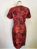 JIGSAW DARK RED,ORANGE & BROWN SHADES SILK FRILL TRIM SHEATH DRESS SIZE 10