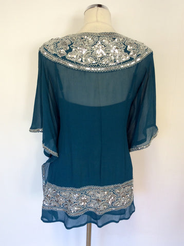 MONSOON KINGFISHER GREEN & SILVER SEQUINNED SILK KAFTAN TOP SIZE 10