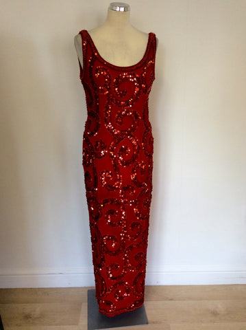 CHORY RED BEADED & SEQUINNED LONG EVENING / COCKTAIL DRESS SIZE XL UK 12/14