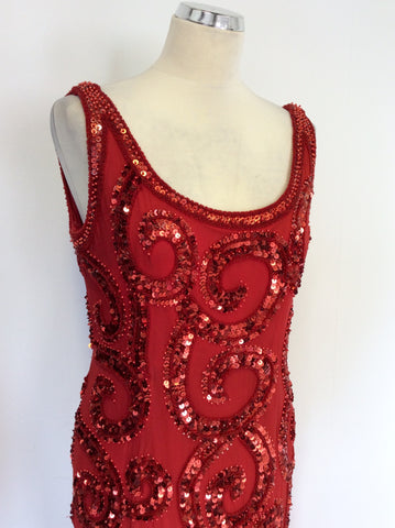 CHORY RED BEADED & SEQUINNED LONG EVENING / COCKTAIL DRESS SIZE XL UK 12/14