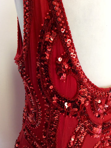 CHORY RED BEADED & SEQUINNED LONG EVENING / COCKTAIL DRESS SIZE XL UK 12/14