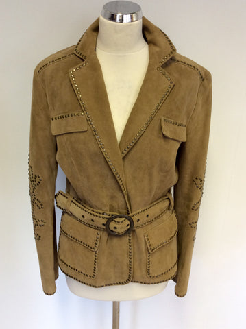 LUISA CERANO LIGHT BROWN STUDDED SUEDE BELTED JACKET SIZE 12