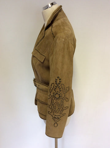 LUISA CERANO LIGHT BROWN STUDDED SUEDE BELTED JACKET SIZE 12