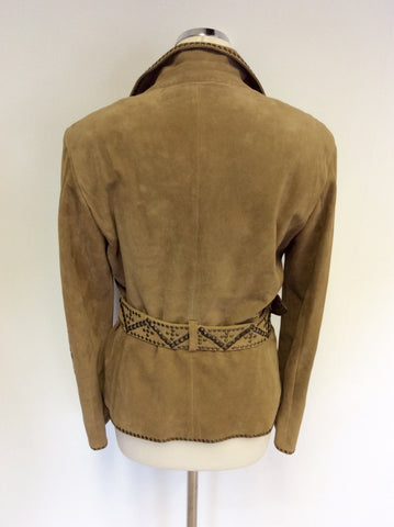 LUISA CERANO LIGHT BROWN STUDDED SUEDE BELTED JACKET SIZE 12