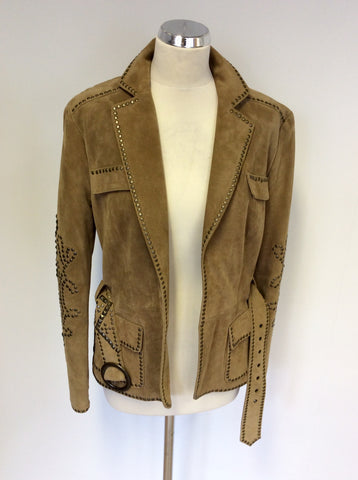 LUISA CERANO LIGHT BROWN STUDDED SUEDE BELTED JACKET SIZE 12