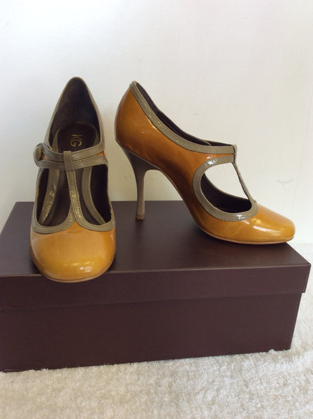 KURT GEIGER BURNT ORANGE & FAWN LEATHER T BAR HEELS SIZE 3.5/36