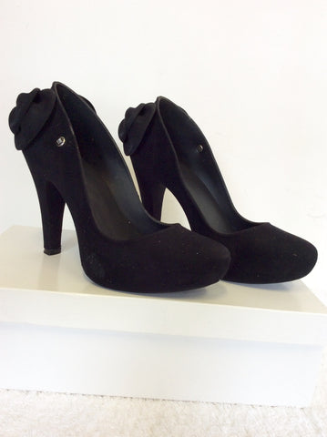 MELISA BLACK FAUX SUEDE HEELS WITH REAR BOW TRIM SIZE 3.5/36