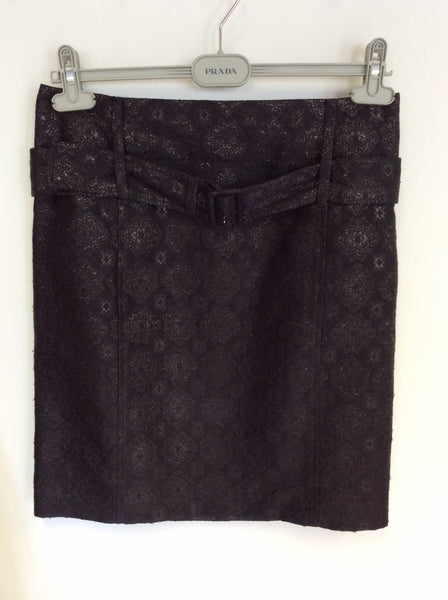 PRADA BLACK EMBOSSED SPARKLE PRINT BELTED PENCIL SKIRT SIZE 42 UK 10