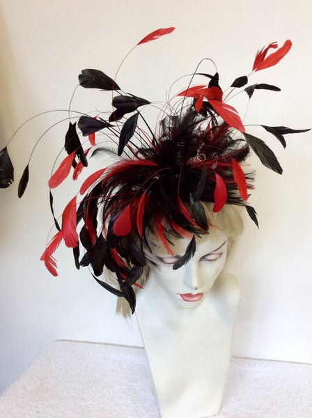 GET AHEAD HATS BLACK & RED FEATHER FASCINATOR WITH SILVER CRYSTALS