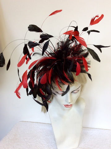 GET AHEAD HATS BLACK & RED FEATHER FASCINATOR WITH SILVER CRYSTALS