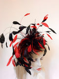 GET AHEAD HATS BLACK & RED FEATHER FASCINATOR WITH SILVER CRYSTALS