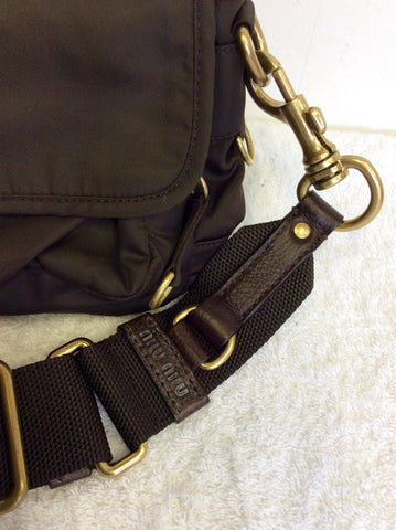MIU MIU DARK BROWN NYLON & LEATHER TRIM SHOULDER BAG