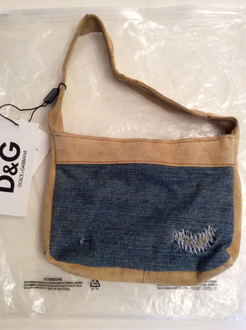 BRAND NEW DOLCE & GABBANA BEIGE SUEDE & BLUE DENIM SMALL SHOULDER BAG
