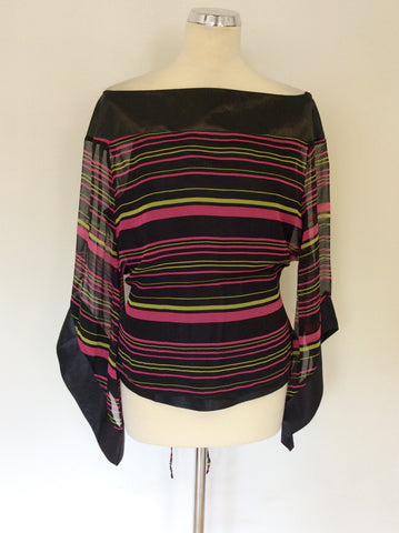 ANNE CARSON BLACK,PINK & GREEN STRIPED TOP SIZE L
