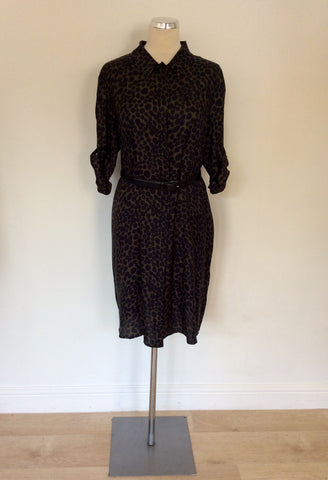HOBBS DARK GREEN & BLACK LEOPARD PRINT SHIRT DRESS SIZE 16